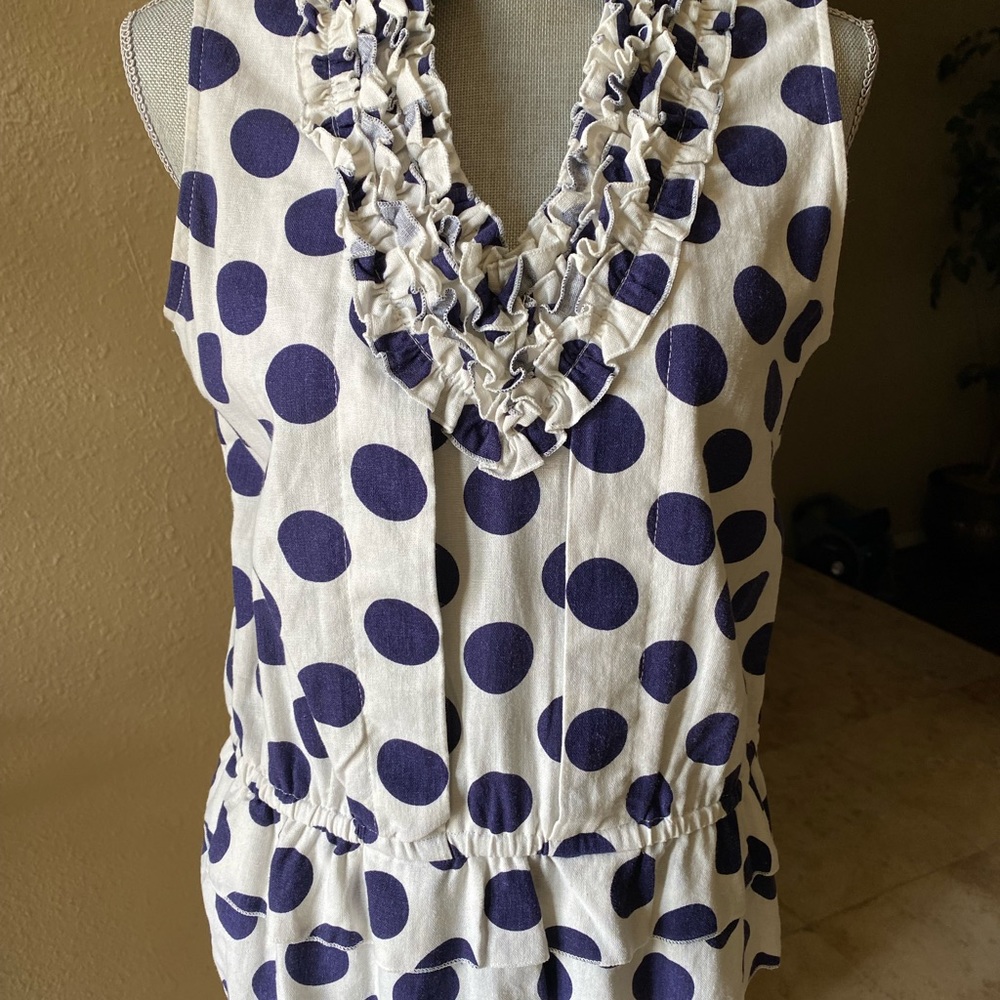 Navy & white polka dot linen top